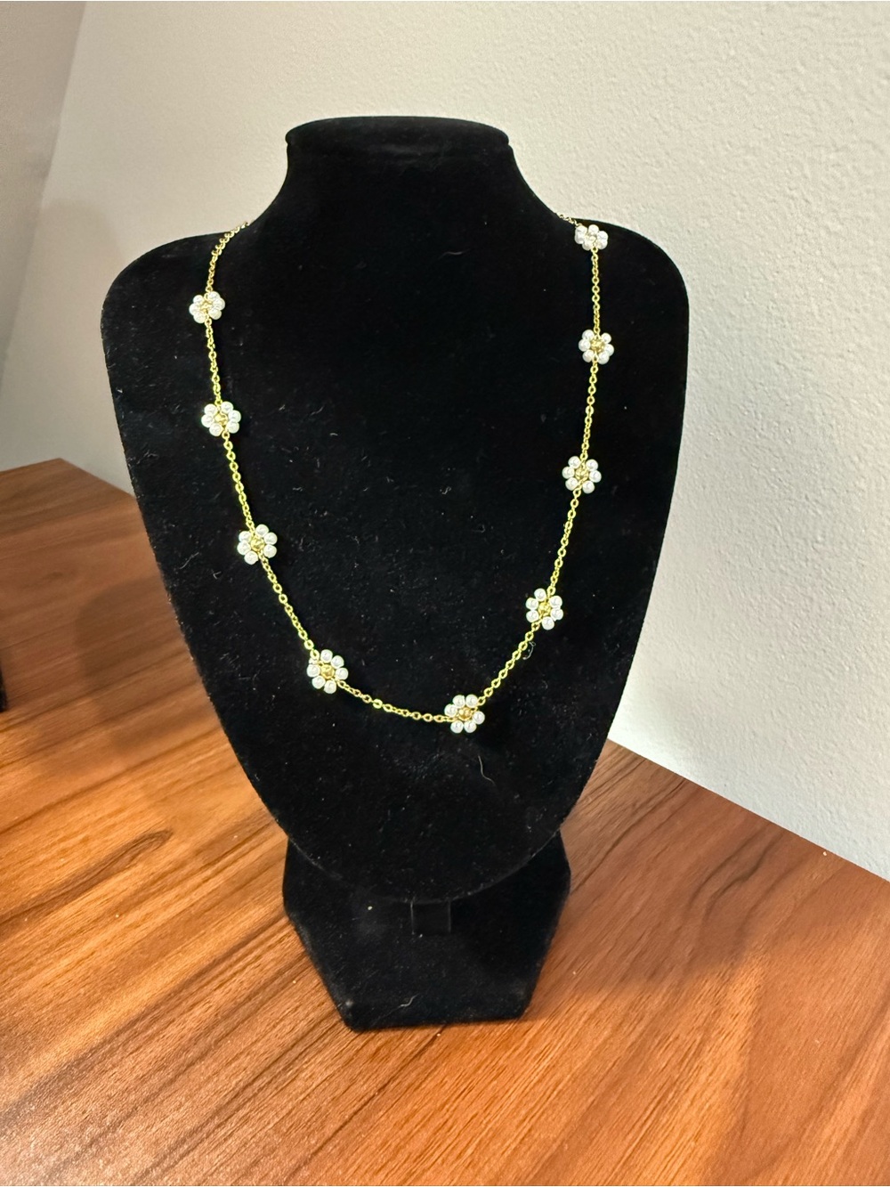 Gold Floral Station Necklace with White Flower Accents